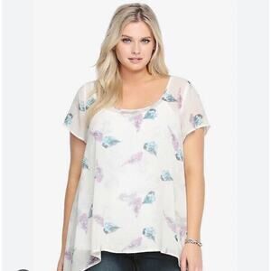 Torrid Off White Sheer Blouse Sharkbite Hem Watercolor Bird Print Size 1